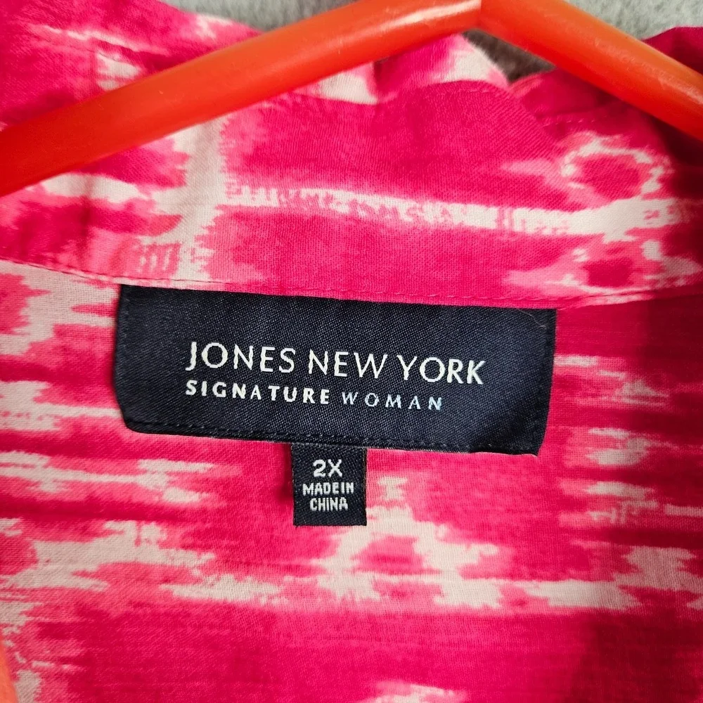 Jones New York Woman Women's 2X Pink Orange Ikat Print Button Front Shirt